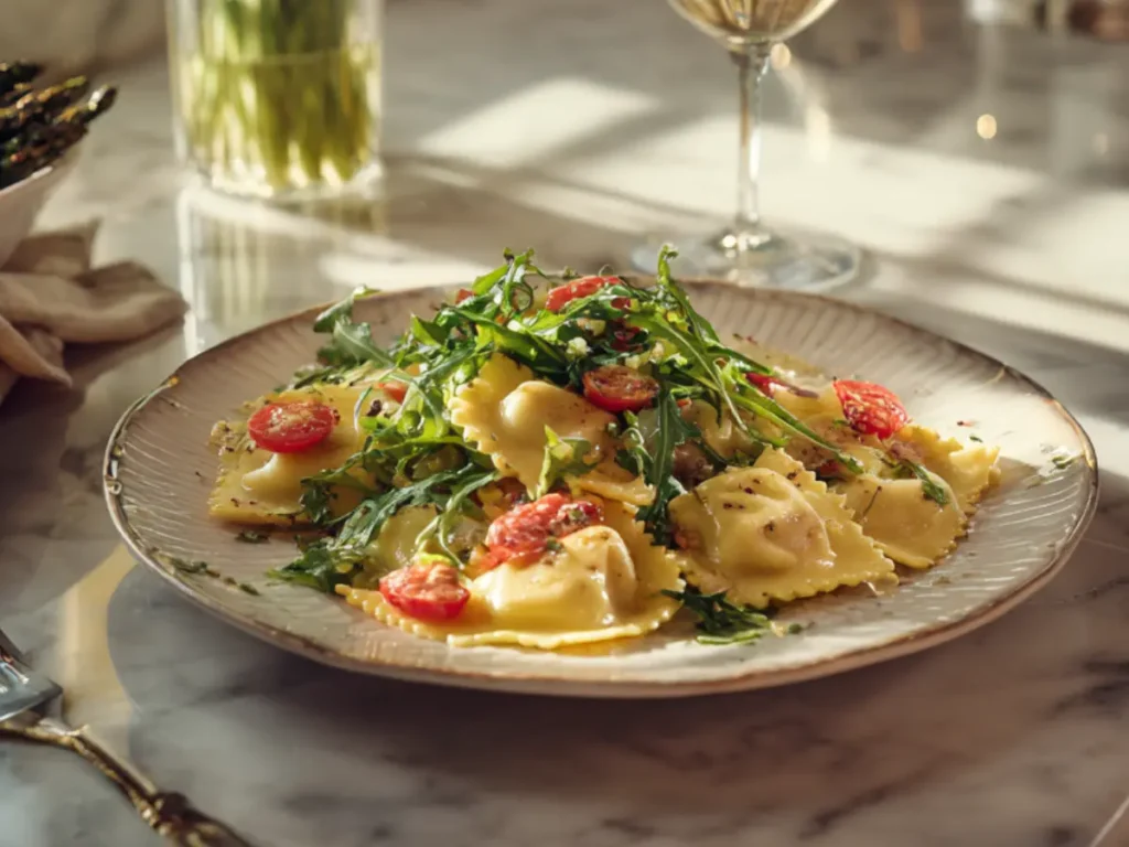 Lobster ravioli served with salad, asparagus, and white wine