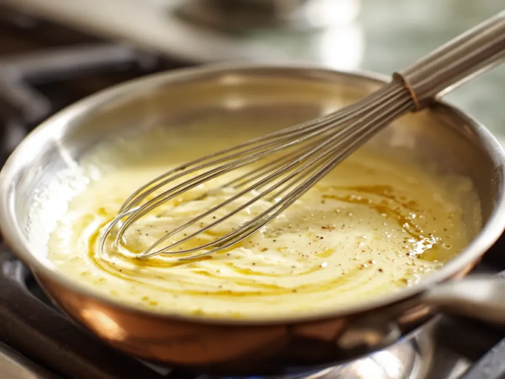 Whisking creamy lemon butter sauce for lobster ravioli