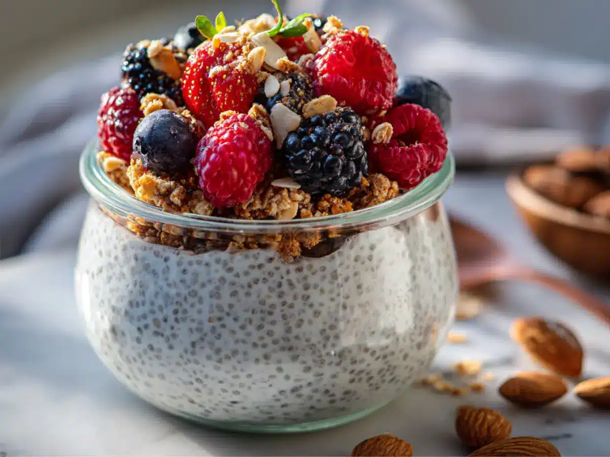 Protein chia pudding with berries and granola in a glass jar