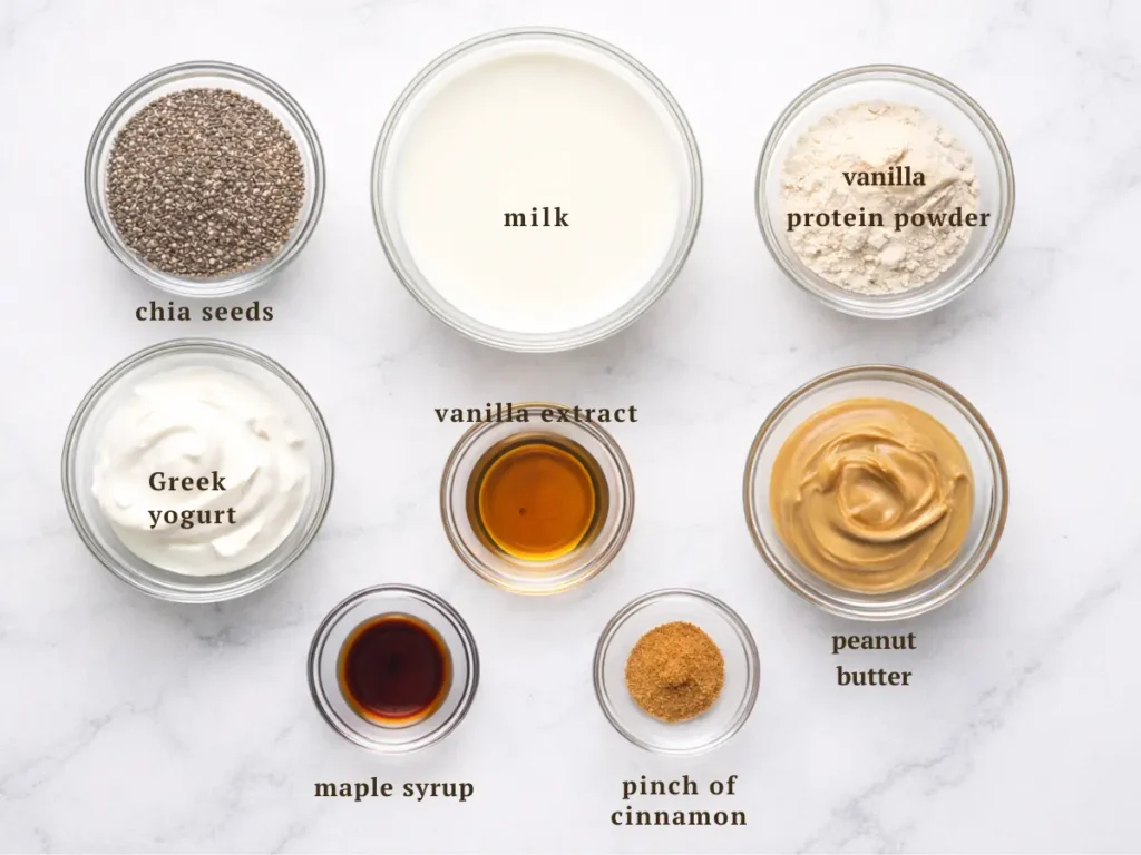 Ingredients for protein chia pudding including chia seeds milk and protein powder