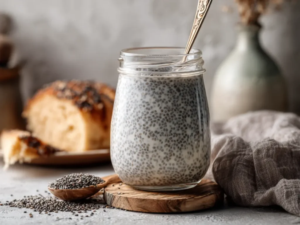Mixing chia seeds and milk to make chia pudding