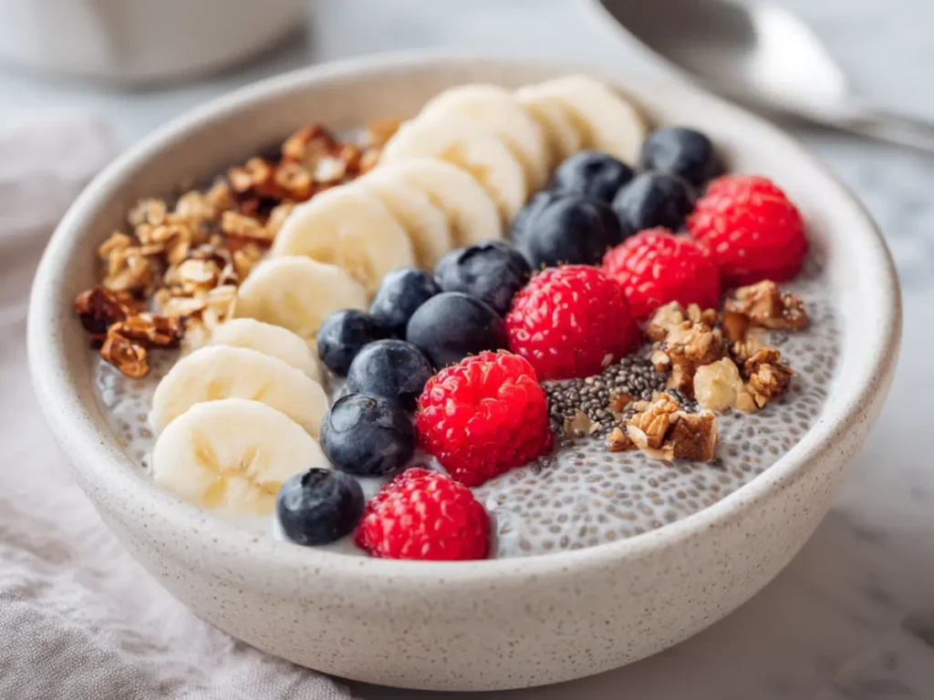 Protein chia pudding topped with fruit and granola in a healthy breakfast bowl