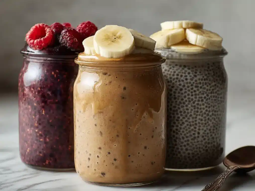 Different protein chia pudding flavor variations in jars