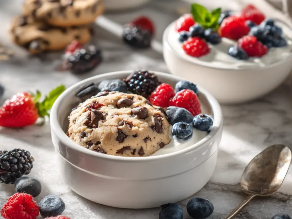Serving edible protein cookie dough with yogurt and fruit