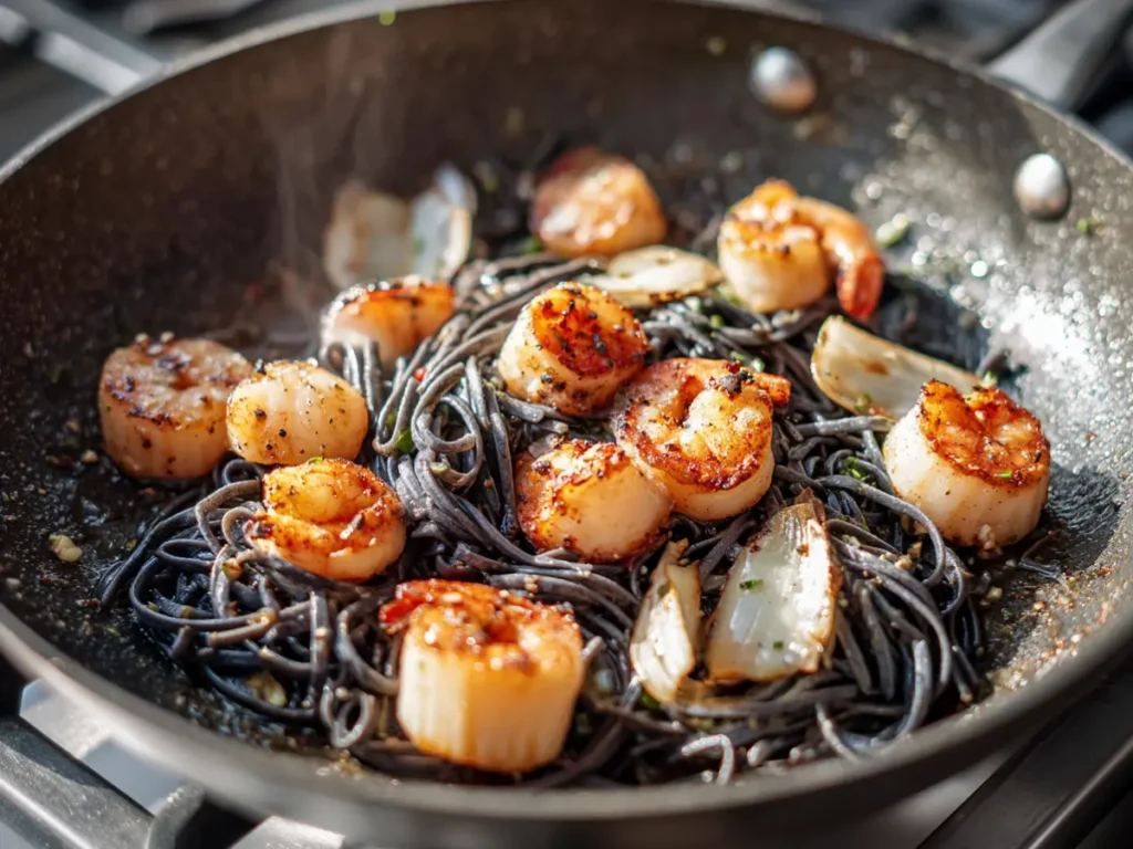 Squid Ink Pasta Seafood Recipe: Amazing Italian Flavor Guide 3 Cooking seafood for squid ink pasta in skillet with garlic and olive oil