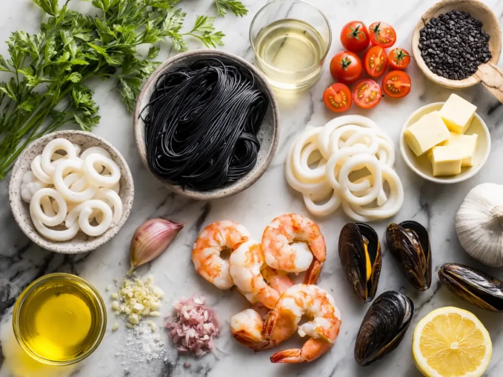 Squid Ink Pasta Seafood Recipe: Amazing Italian Flavor Guide 2 Ingredients for squid ink pasta seafood recipe on marble kitchen counter