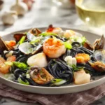 Squid ink pasta seafood recipe with shrimp scallops and mussels served on a plate