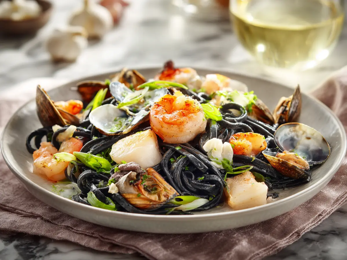 Squid ink pasta seafood recipe with shrimp scallops and mussels served on a plate