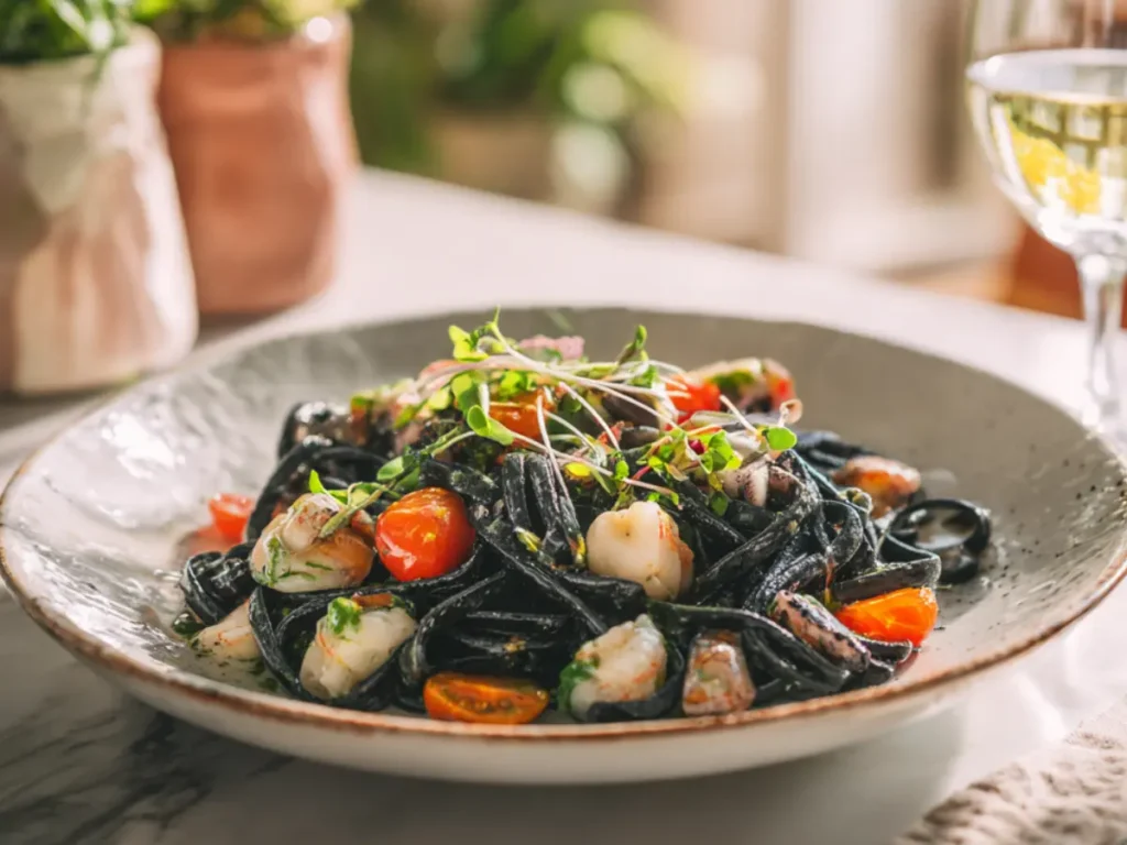 Squid Ink Pasta Seafood Recipe: Amazing Italian Flavor Guide 4 Serving squid ink pasta seafood recipe with wine and fresh salad