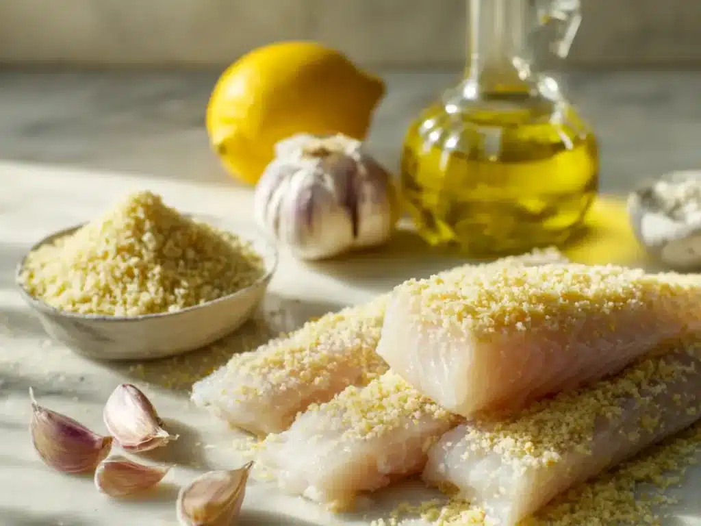 ingredients for baked haddock recipe on marble surface