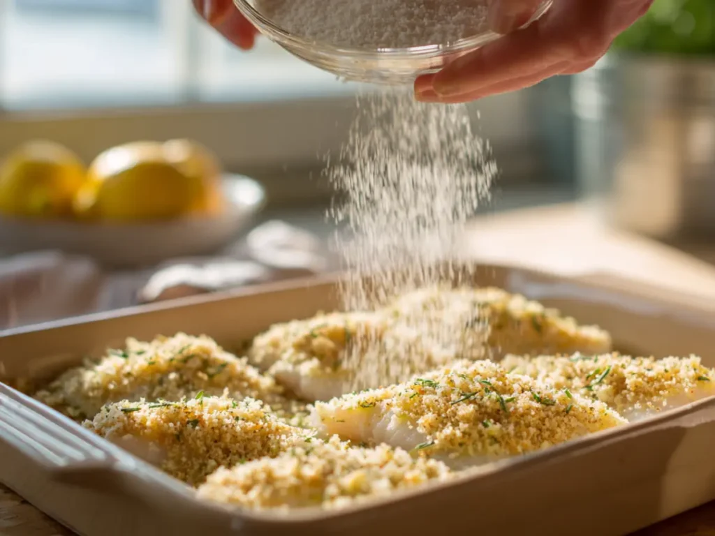 preparing oven baked haddock with breadcrumb topping