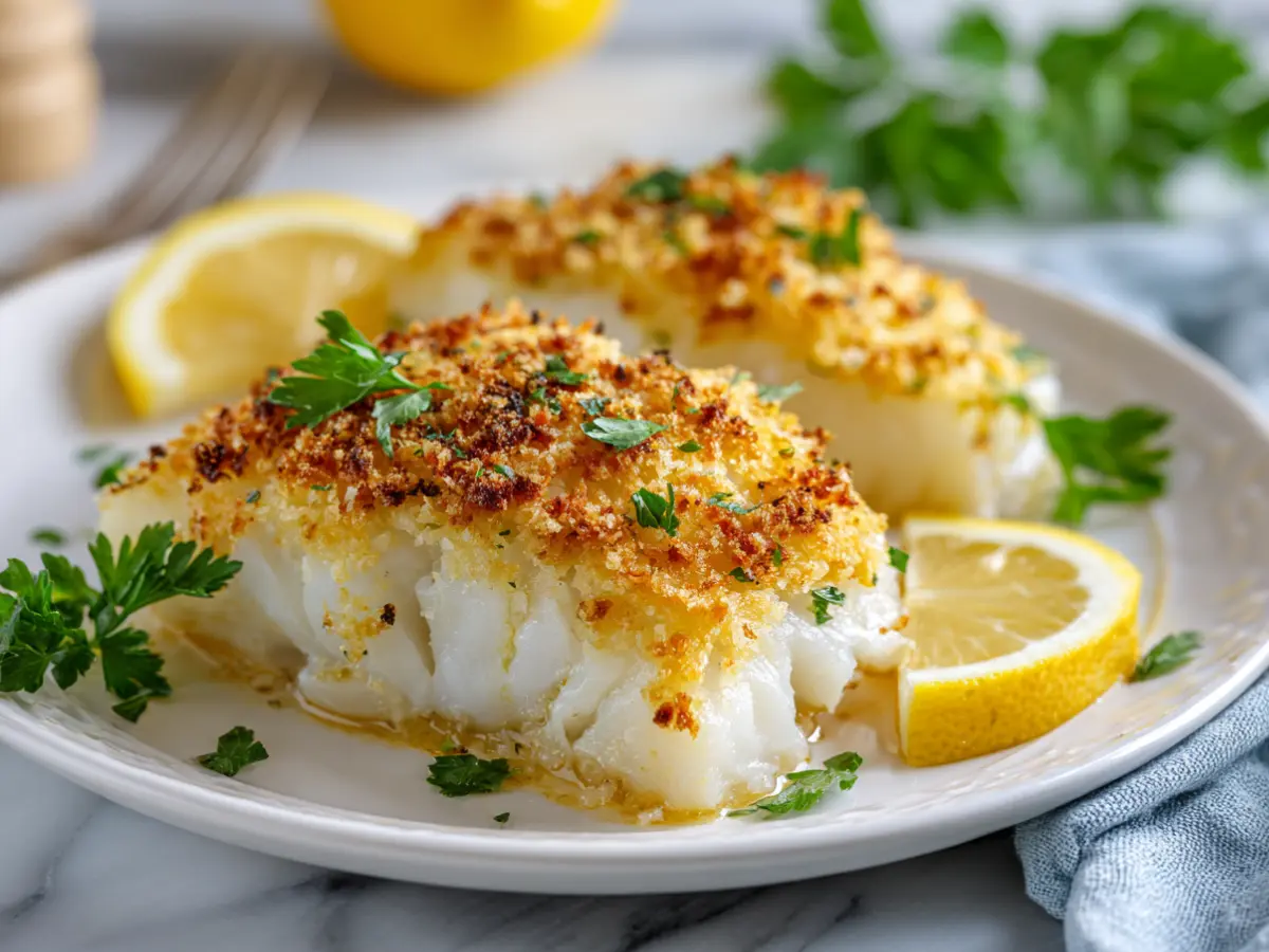 baked haddock recipe with crispy topping and lemon