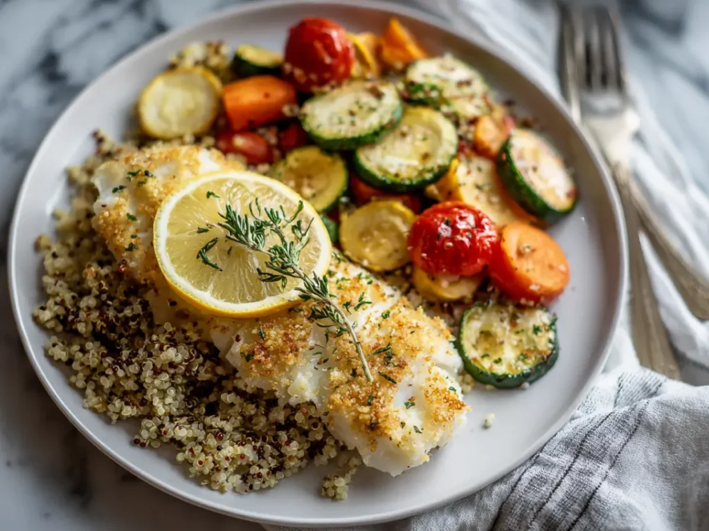 baked haddock served with healthy side dishes