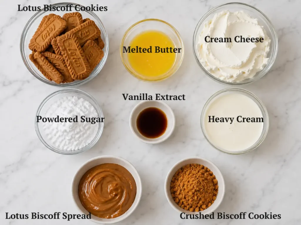 ingredients for biscoff cheesecake including cookies cream cheese and cream