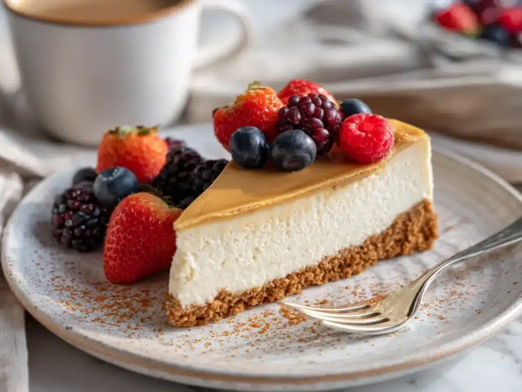 biscoff cheesecake slice served with berries and coffee