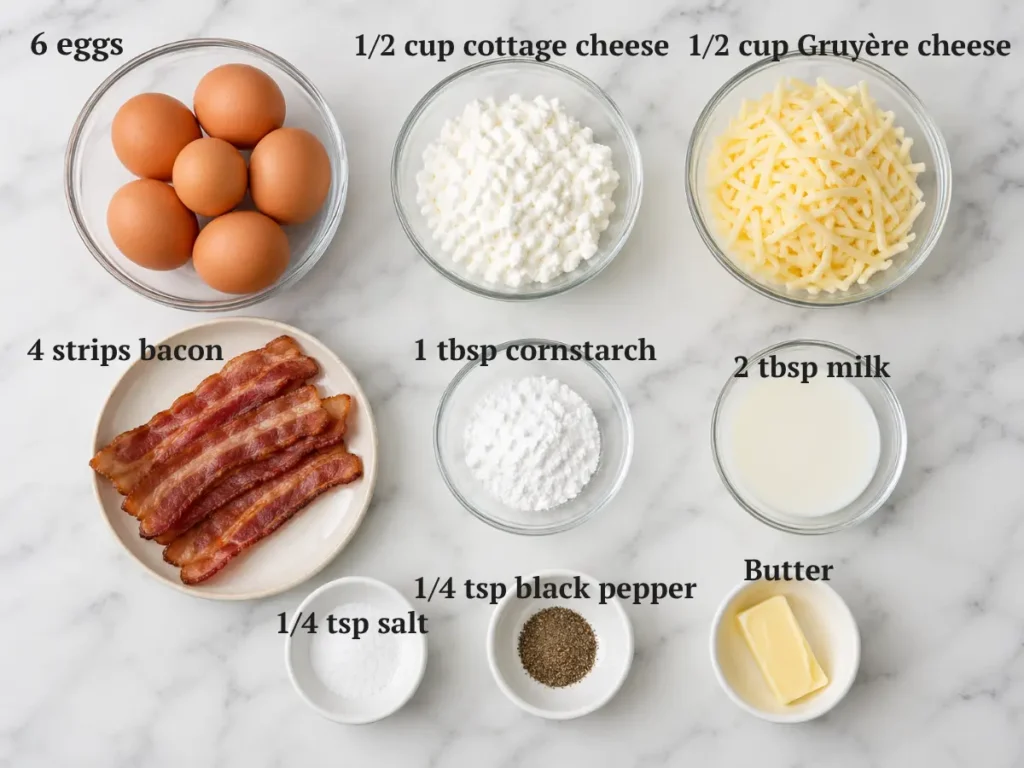 ingredients for Starbucks copycat egg bites with eggs cheese and bacon