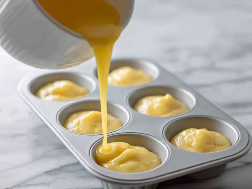 pouring egg mixture into silicone mold for baking