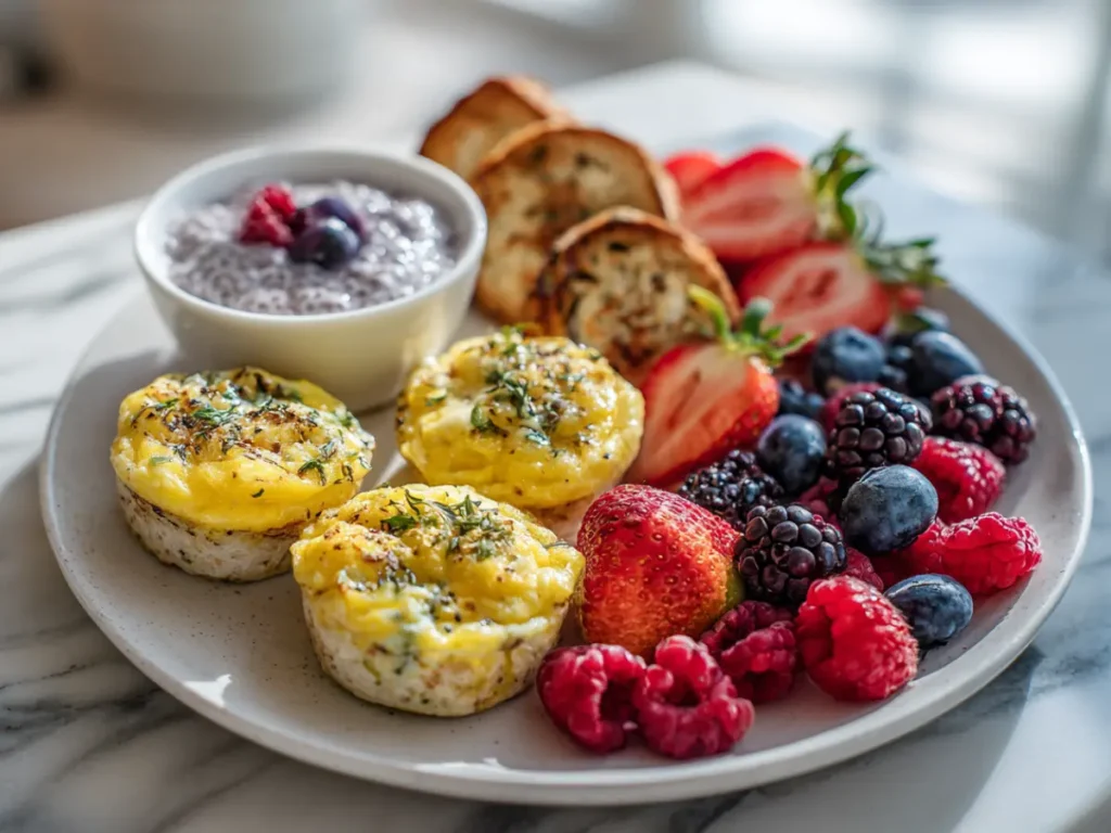 egg bites served with fruit and chia pudding breakfast
