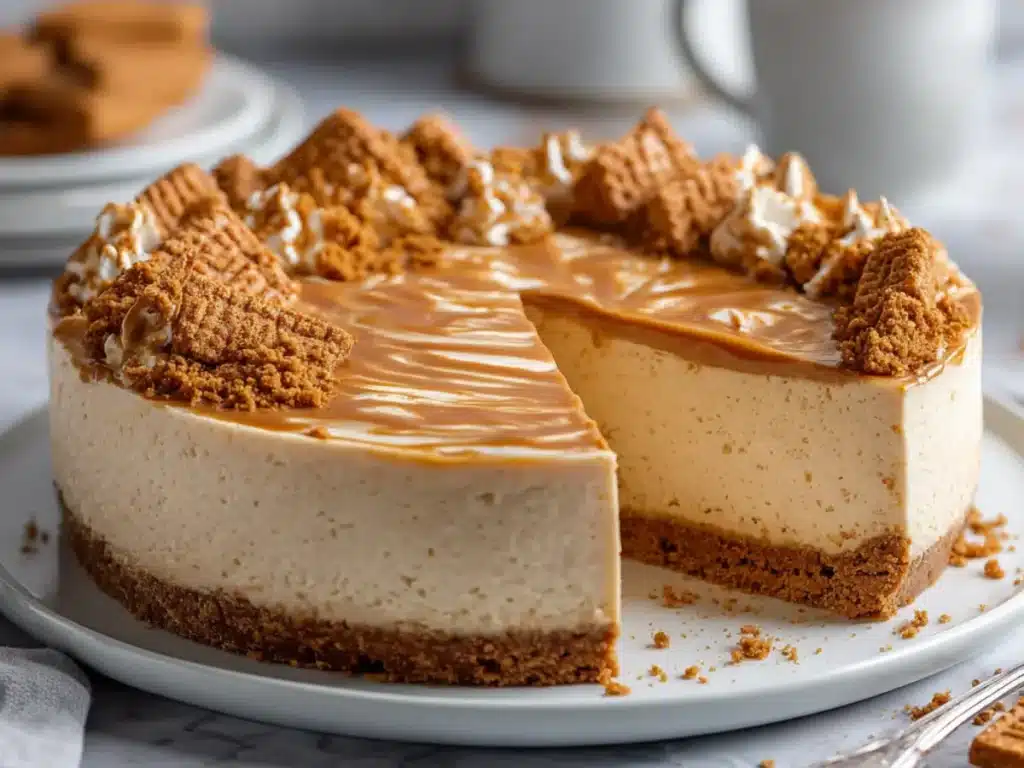 no bake biscoff Cheesecake with creamy texture and cookie butter topping