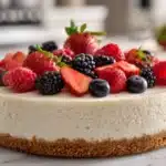 no bake Cheesecake with fresh berries on marble countertop