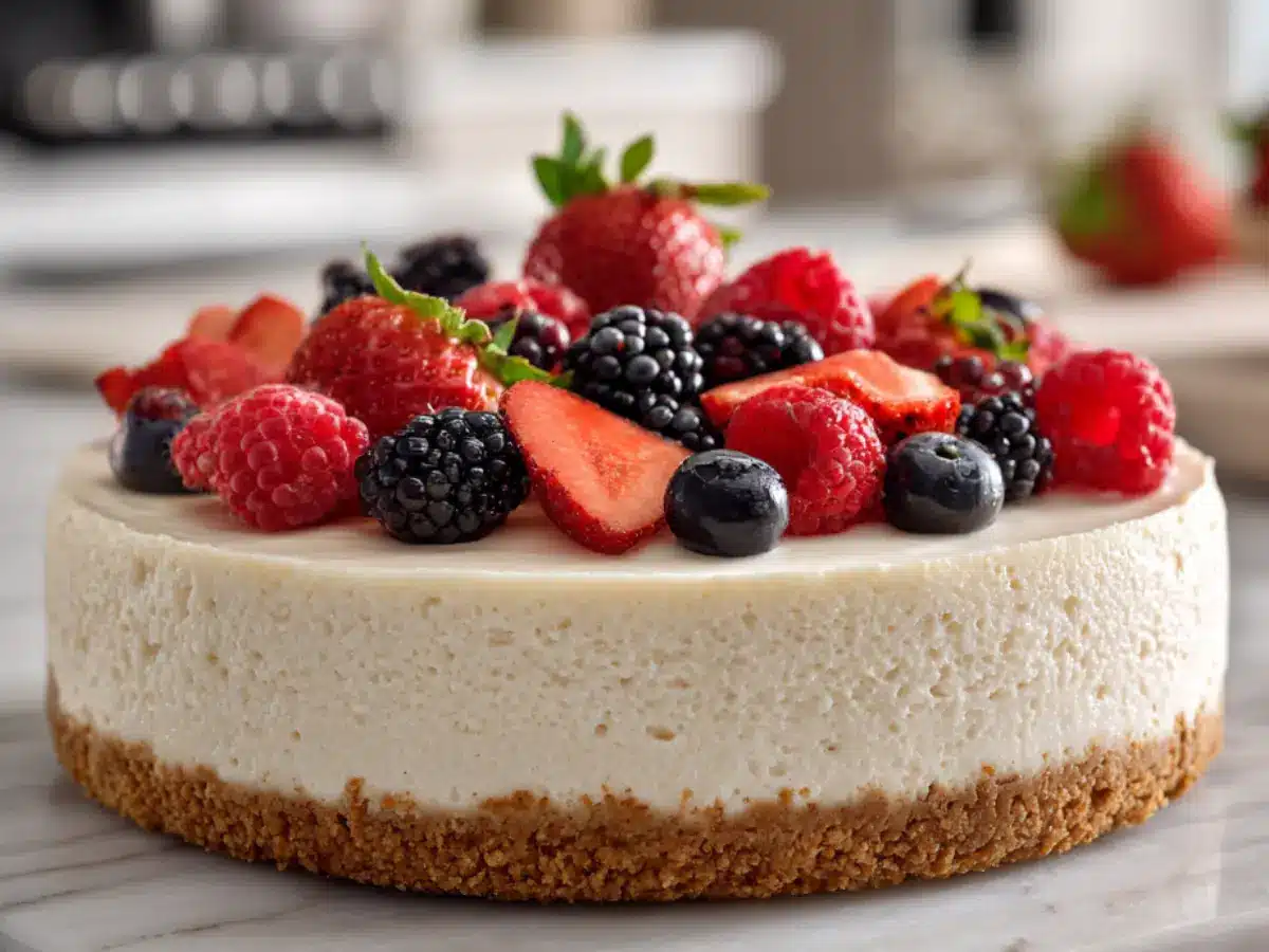 no bake Cheesecake with fresh berries on marble countertop
