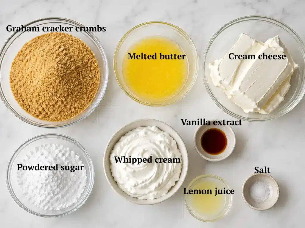 ingredients for cheesecake on marble kitchen surface