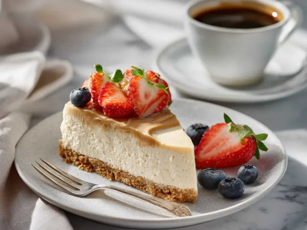 cheesecake slice served with coffee and fruit