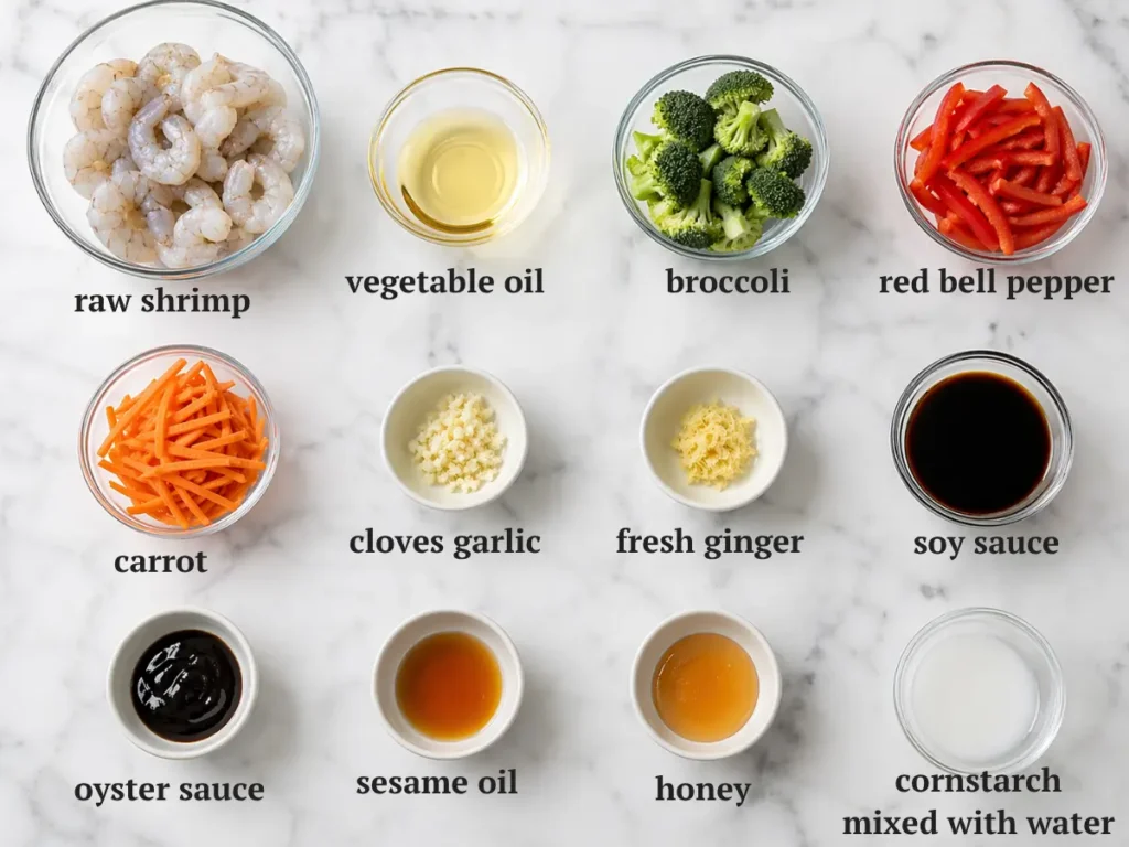 ingredients for shrimp stir fry recipe including shrimp and vegetables