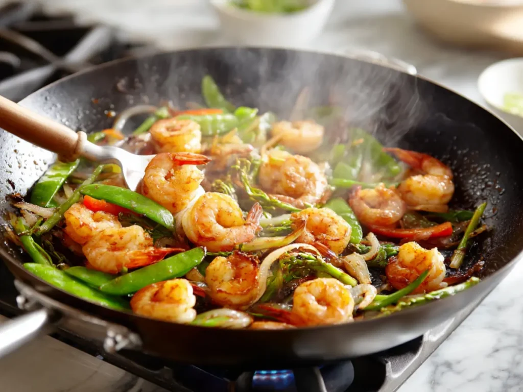 cooking shrimp stir fry in wok with vegetables
