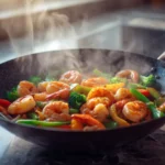 shrimp stir fry recipe with vegetables in a wok