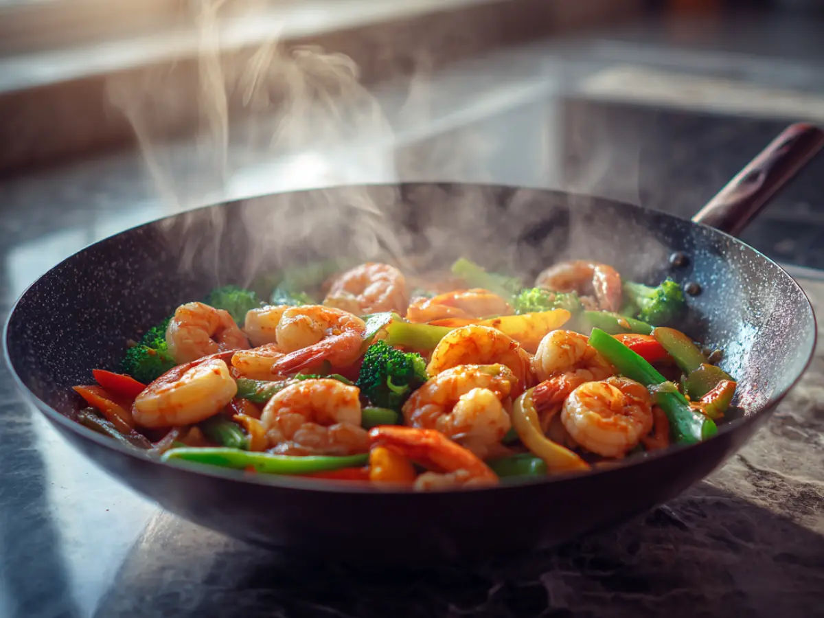 shrimp stir fry recipe with vegetables in a wok