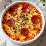 Cottage cheese pizza bowl with melted cheese and toppings