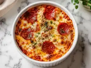 Cottage cheese pizza bowl with melted cheese and toppings