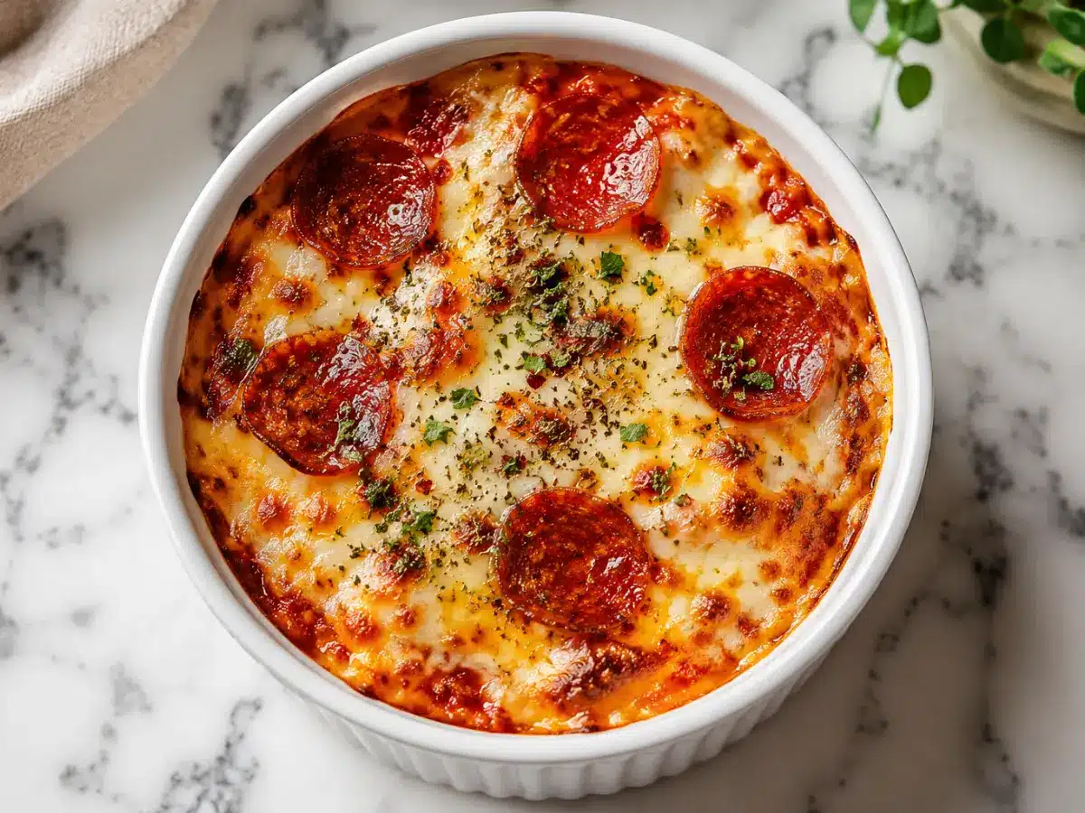 Cottage cheese pizza bowl with melted cheese and toppings