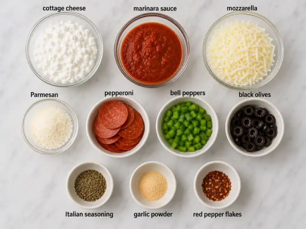 Ingredients for making a cottage cheese pizza bowl