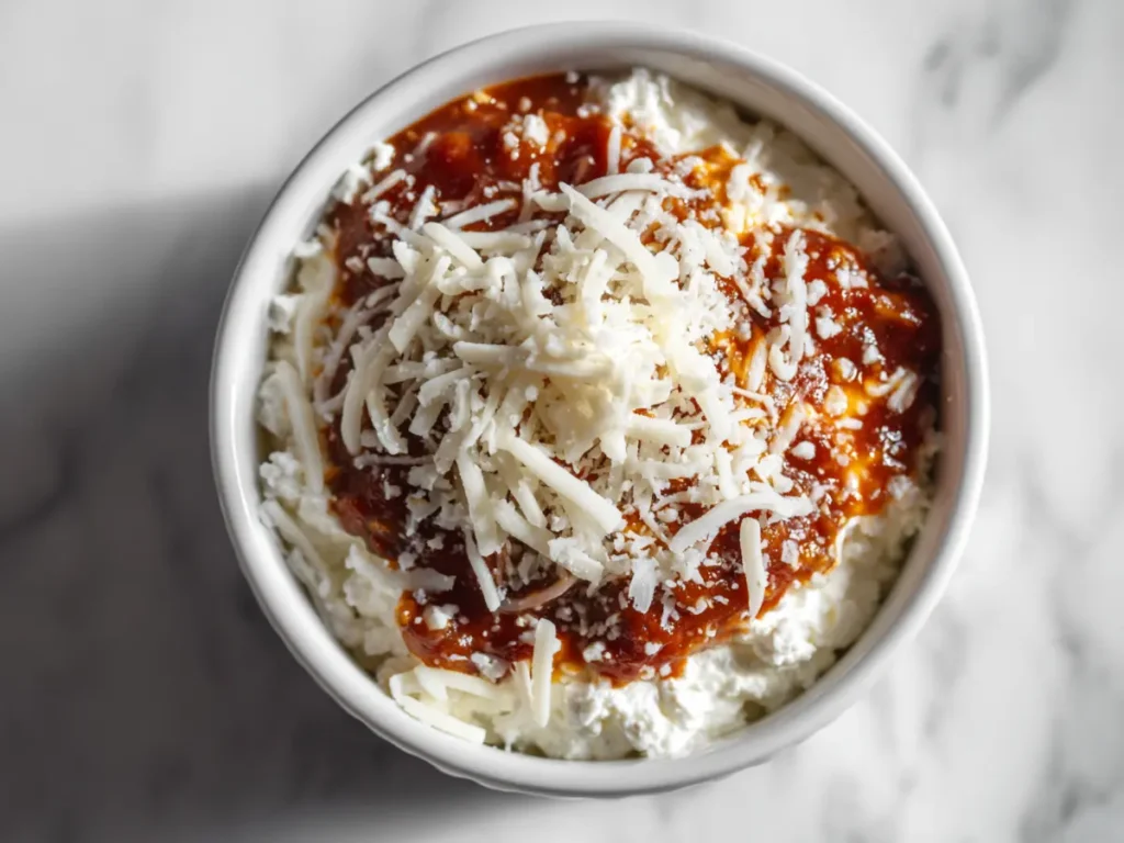 Layering ingredients for a crustless pizza bowl