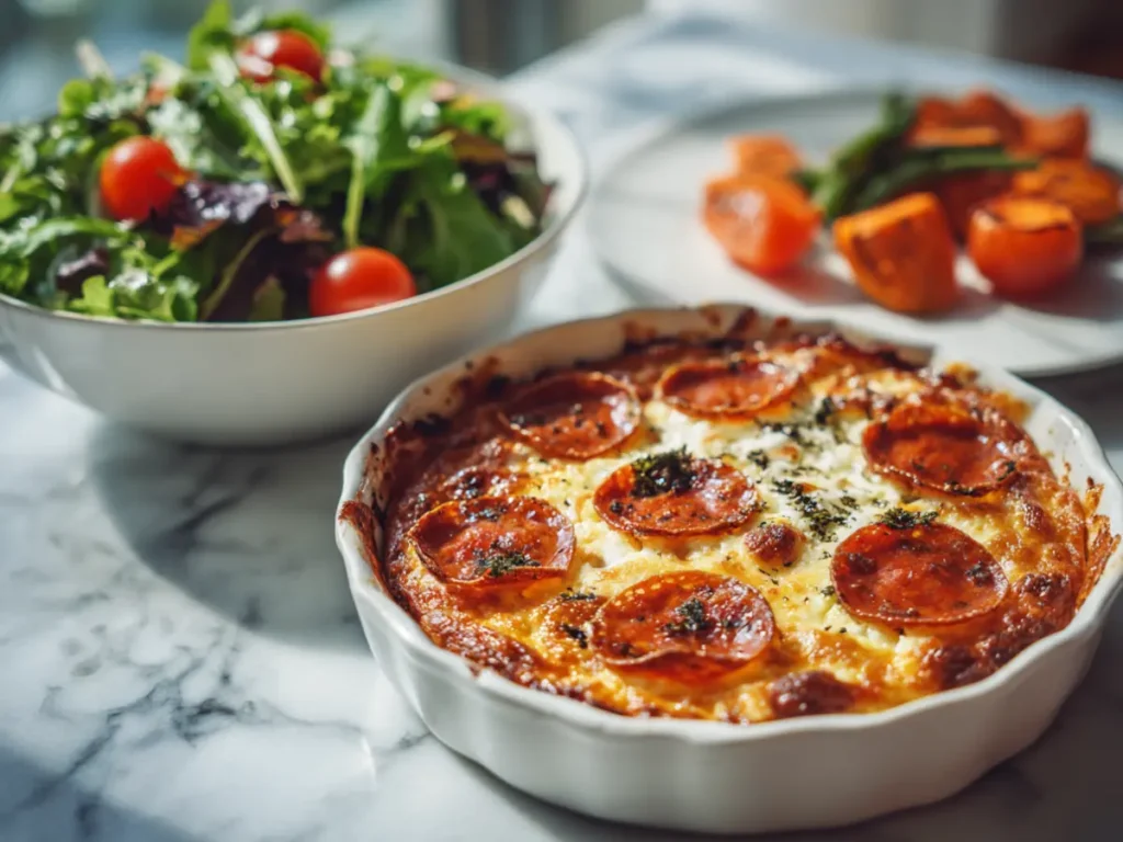Cottage cheese pizza bowl served with healthy side dishes