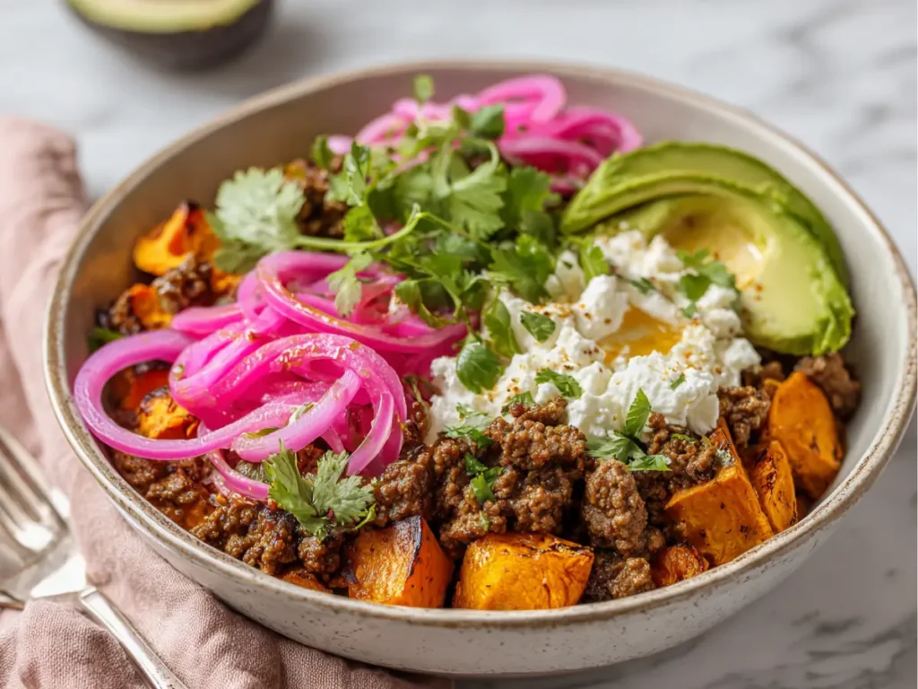 Hot honey ground beef bowl with sweet potatoes and avocado