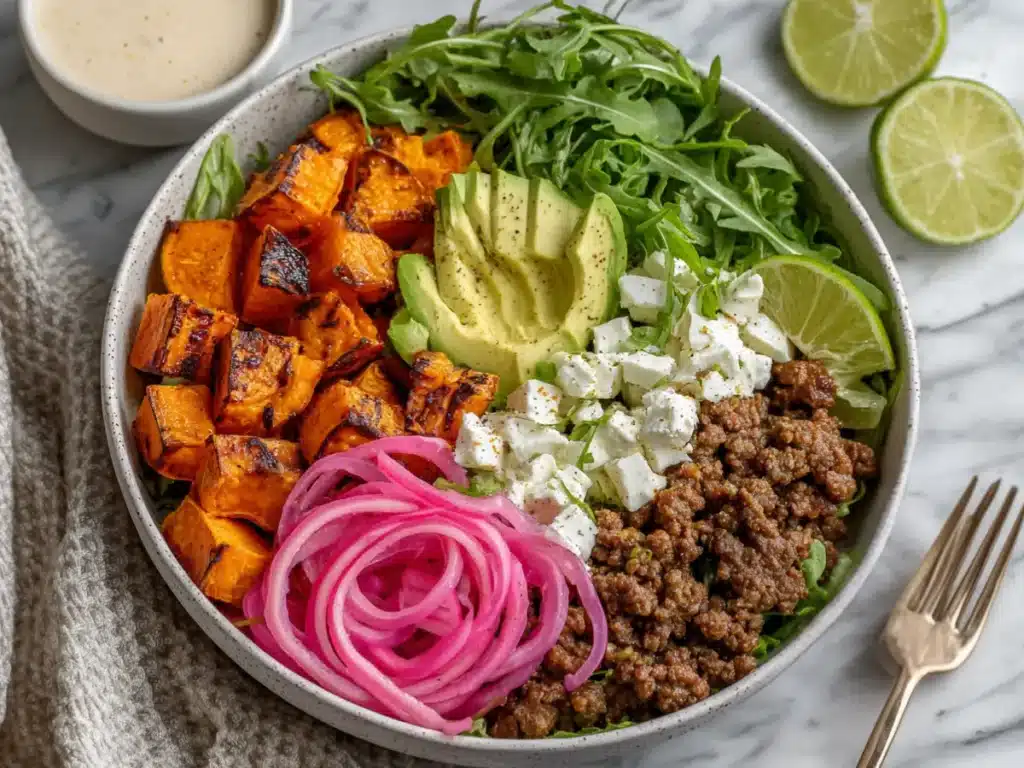 Hot honey ground beef bowl with simple fresh pairings