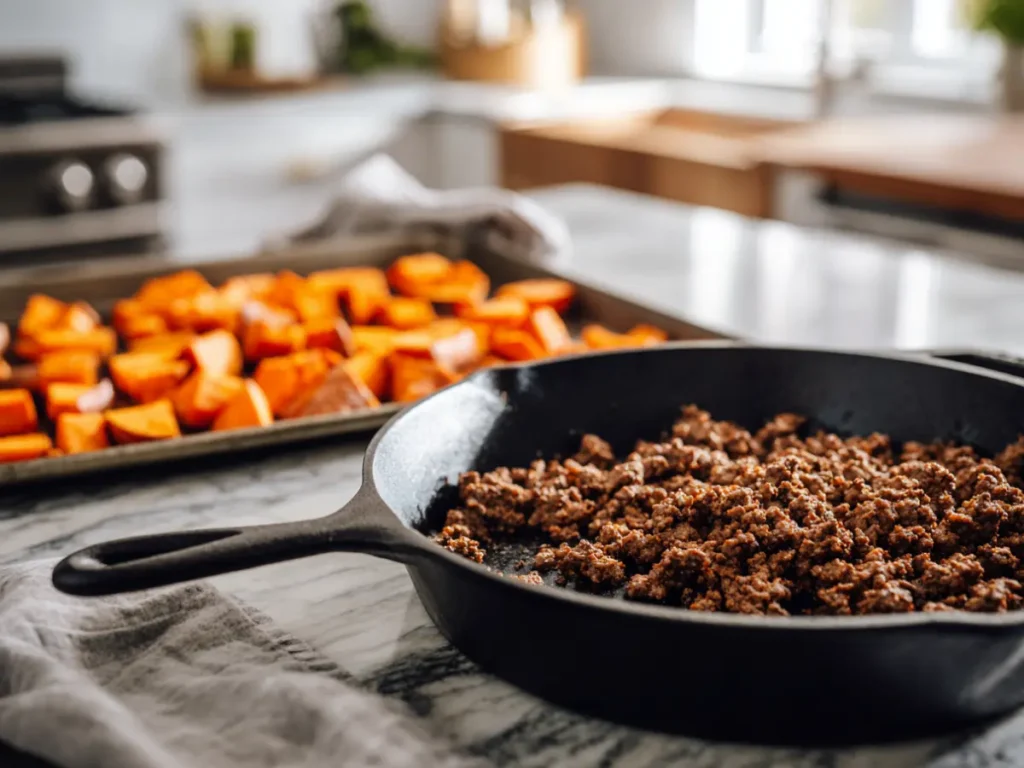 Ground beef cooking beside roasted sweet potatoes