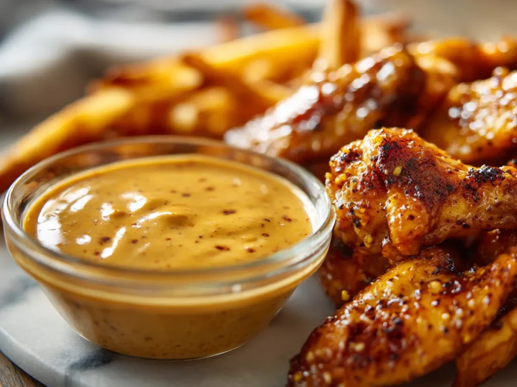 Hot honey ranch sauce served as creamy sweet and spicy dip over crispy wings