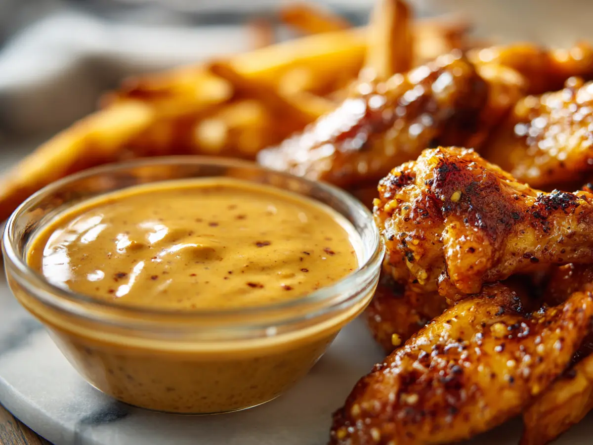 Hot honey ranch sauce served as creamy sweet and spicy dip over crispy wings