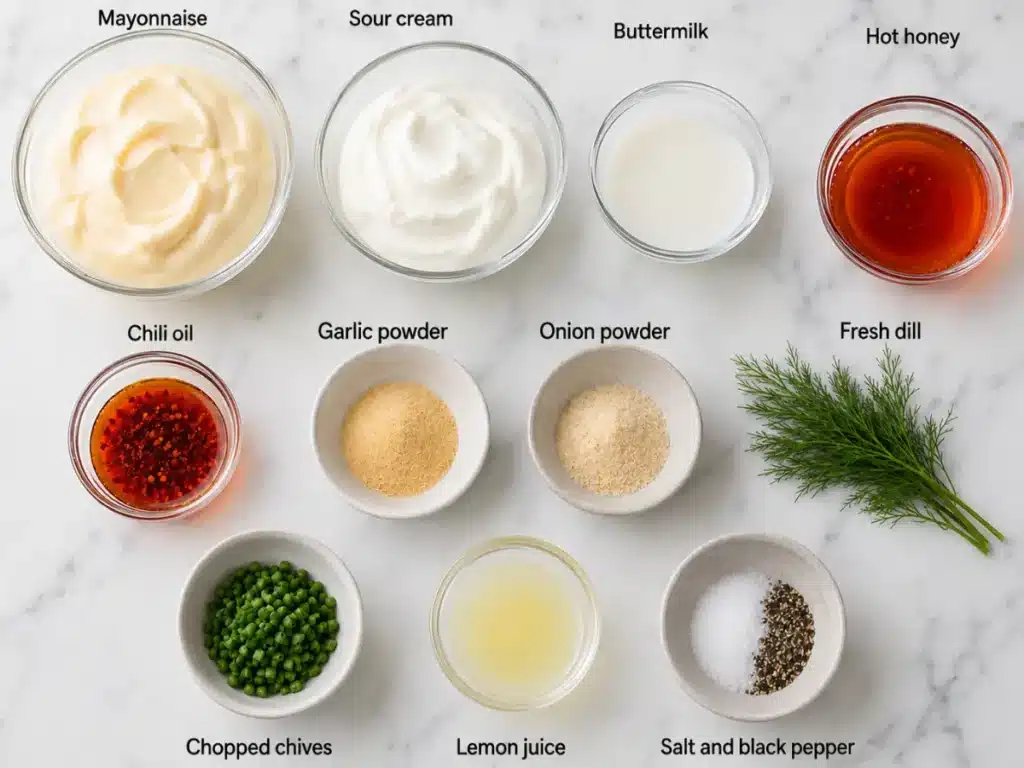 Ingredients for making hot honey ranch sauce on marble counter