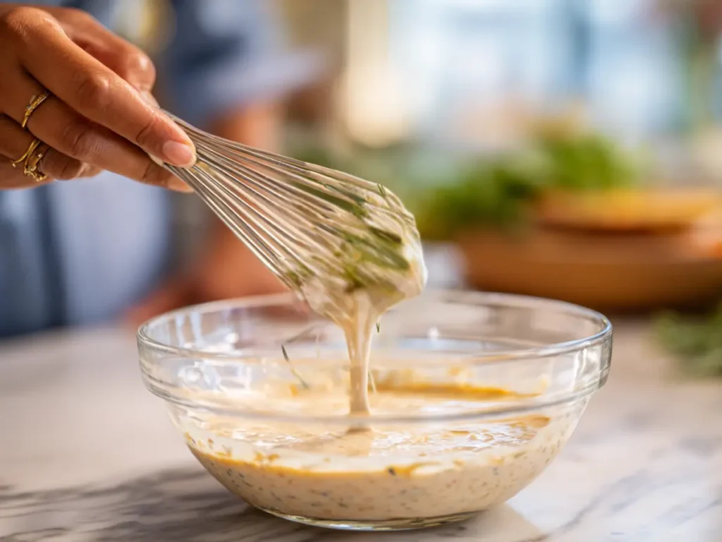 Whisk mixing creamy hot honey ranch sauce in bowl