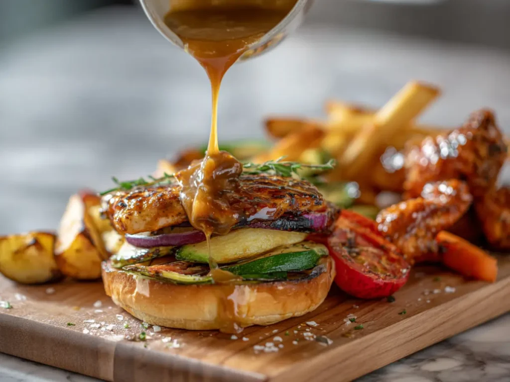 Hot honey ranch drizzled over burger fries and wings