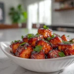Hot honey salmon bites with crispy edges in a bright kitchen