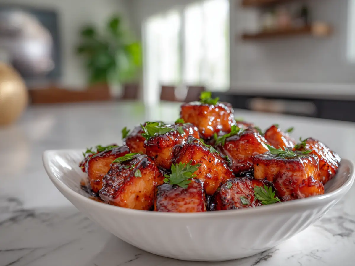 Hot honey salmon bites with crispy edges in a bright kitchen