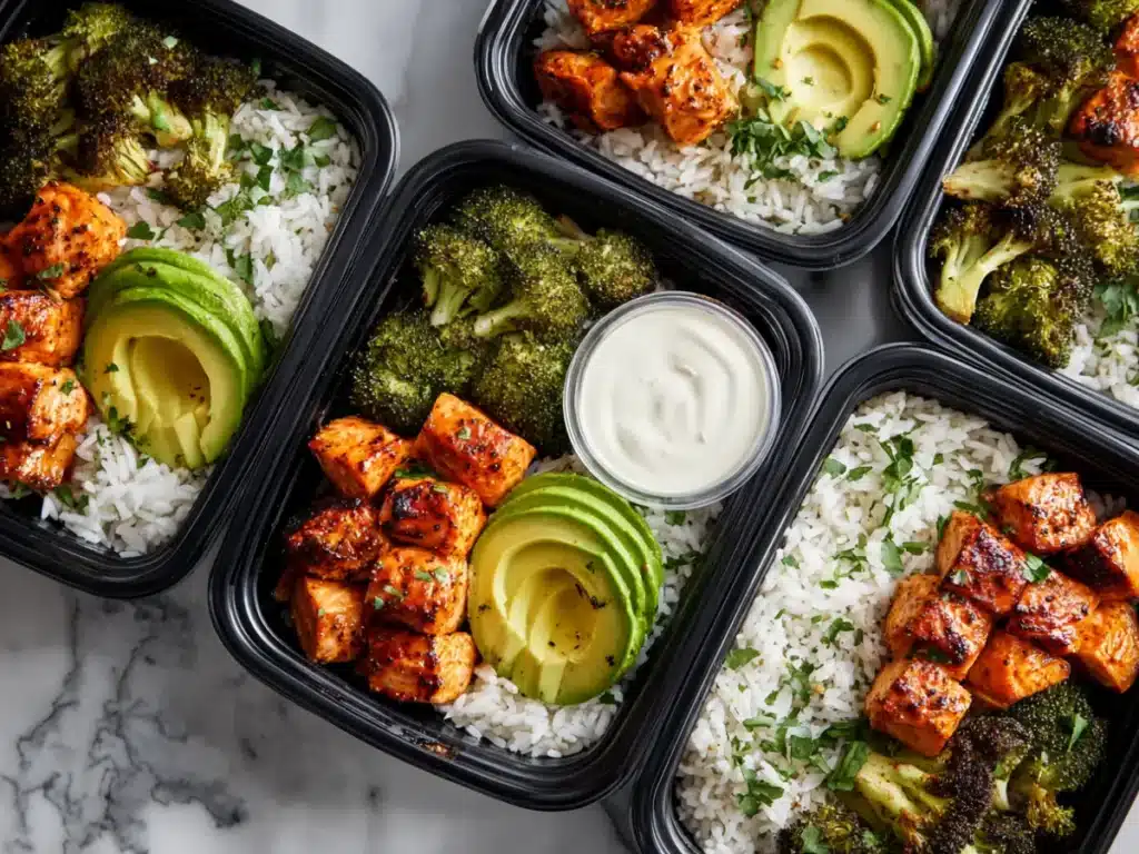 Meal prep containers with spicy salmon bites and vegetables