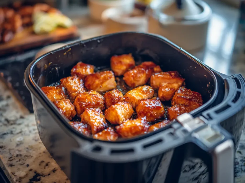 Air fryer salmon bites cooking until crispy and golden