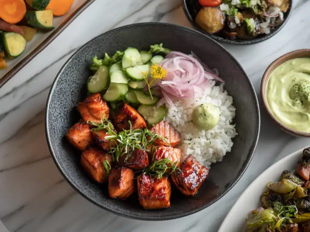 Hot honey salmon bites served with fresh side dishes